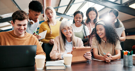 Education, students and lecturer with tablet, smile and info for assignment in classroom and group....