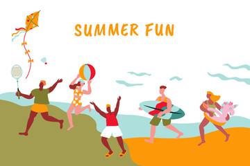  Happy people, beach holidays,summer vacation. Vector illustration with people engaged in active entertainment
