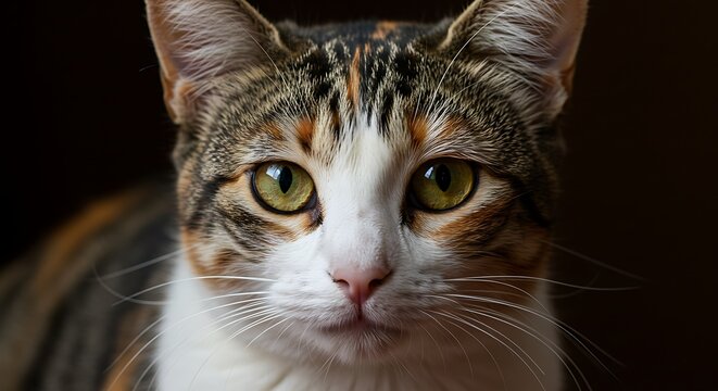Calico Cat Portrait: Intense Gaze, Soft Fur, Dark Background