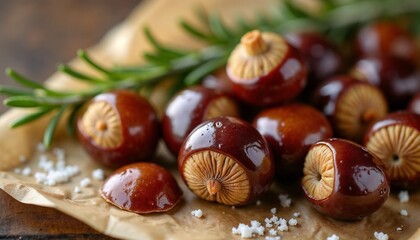 Roasted chestnuts with rosemary culinary style in warm brown colors representing cozy winter snack