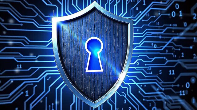 A robust, stylized shield icon overlays a backdrop of encrypted digital data. The shield is metallic blue, featuring a prominent keyhole at its center, subtly suggesting access control