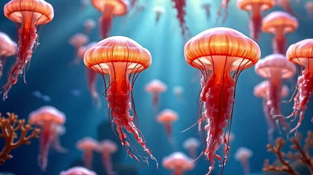In a fantastical marine environment, a ballet of jellyfish unfolds. Each jellyfish is uniquely designed with intricate, flowing patterns and a palette of rich, saturated colors