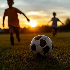 Kids playing soccer barefoot on a summer field at sunset 
