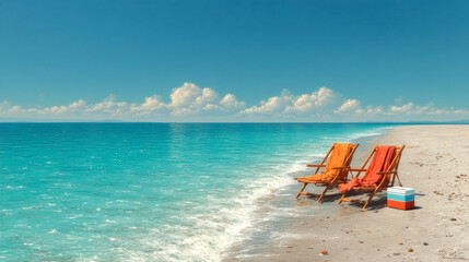 Fototapeta premium Two sun loungers stand on an empty beach on the seashore on a hot sunny day