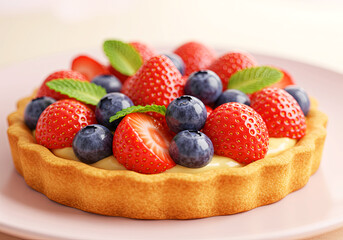 Fresh fruit tart topped with strawberries and blueberries