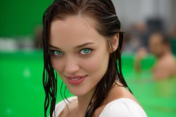 Woman Swimming Close-up with Wet Hair Smiling in Wet Tshirt, Green Background