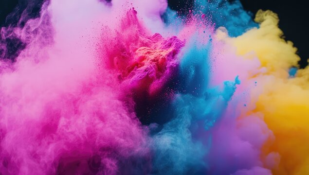 Vibrant color explosion; pink, blue, yellow clouds collide