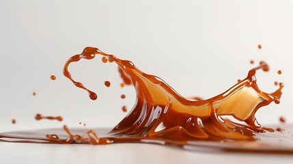 A rich splash of hot caramel, droplets forming elegant arcs against a clean white surface.