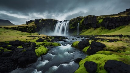 Fototapeta premium Icelandic Waterfall Serenity: Mossy Rocks and Dramatic Skies