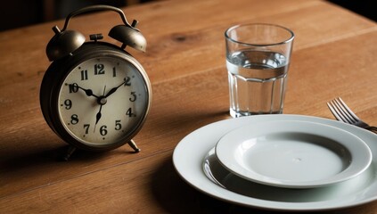 A vintage alarm clock sitting on a wooden dining table, next to an empty plate and a glass of water, emphasizing the discipline of time-restricted eating.