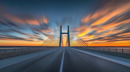 Obraz premium A cablestayed bridge spans a body of water at sunset
