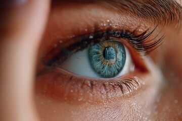 Extreme close-up captures the detail of a vibrant blue human eye with long lashes, set against a natural skin texture.