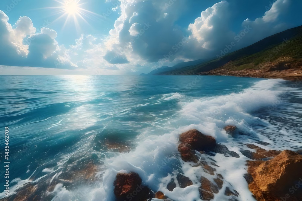 Poster 青い海と太陽の光が輝く海岸線の風景 太陽の光が水面を照らし波が岩に打ち寄せる夏の情景