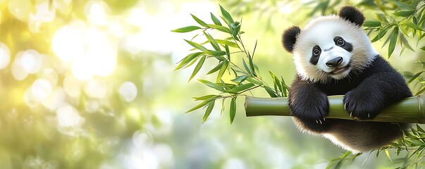 Obraz premium Cute Panda Cub Eating Bamboo in Lush Forest