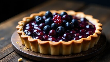 A delicious close-up of a homemade tart filled with juicy blueberries and cherries, set on a rustic wooden table, highlighting its rich colors and textures