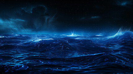 Fototapeta premium Bioluminescent waves glow electric blue under night sky, a mystical marine wonder