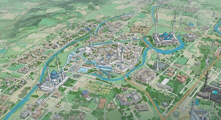 Obraz premium Cityscape Panorama: A Whimsical Illustrated Map of Mosques and Rivers
