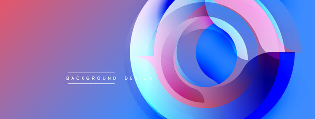 Abstract circles overlap, creating vibrant gradients. Pink, blue hues dominate design. Modern, clean aesthetic. Background text present.