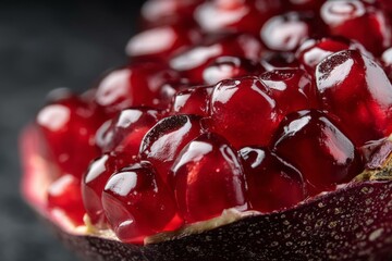 Close-up of juicy red pomegranate seeds, displaying fruit texture and vibrant color against dark background, healthy eating