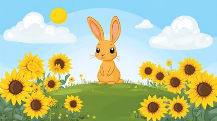 Fototapeta premium Cute bunny in sunflower field. (1)