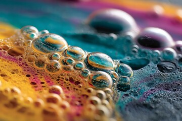 Detailed close-up captures vibrant fluid surface, diverse spheres, and multicolored reflections in a visually compelling composition.