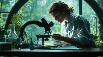 A female scientist meticulously examines a sample under a microscope in a lush, green laboratory setting.