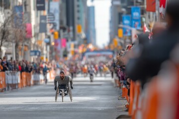 Bearded wheelchair racer participating in a road race event, competing through a crowd lined street, urban setting and cityscape