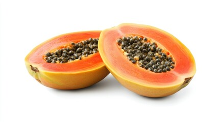 Halved papaya showcasing vibrant orange flesh and black seeds.