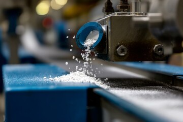 Automated Process: White Pellets Dispensing onto a Blue Conveyor System in a Manufacturing Setting for Industrial Applications