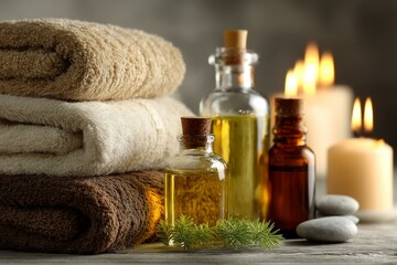 Spa Scene with Stacked Towels, Essential Oils, Greenery, Candles, and Smooth Stones on a Wooden Surface