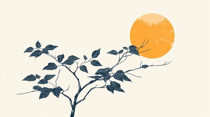 A tree with leaves and branches against a yellow sun.