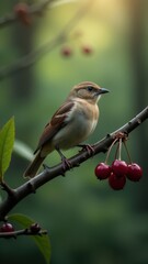 A vibrant bird with an orange chest perches on a branch adorned with ripe, dark cherries against a soft-focused green background