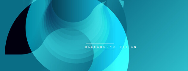 Abstract design features overlapping translucent circles. Shades range from dark teal to bright cyan. Modern, minimalist aesthetic.