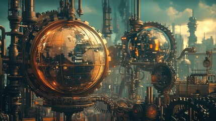 Fototapeta premium A Steampunk-inspired world trade scene, where gears and cogs form a mechanical globe, illustrating industrial-era global commerce reimagined with AI.