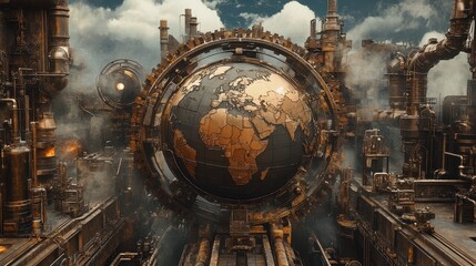 A Steampunk-inspired world trade scene, where gears and cogs form a mechanical globe, illustrating industrial-era global commerce reimagined with AI.
