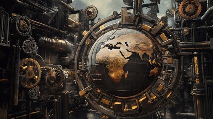 Fototapeta premium A Steampunk-inspired world trade scene, where gears and cogs form a mechanical globe, illustrating industrial-era global commerce reimagined with AI.