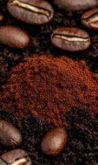 Children's Illustration of Ground Coffee and Coffee Beans on a Table in a Natural Environment