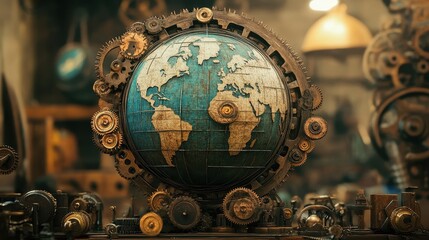 A Steampunk-inspired world trade scene, where gears and cogs form a mechanical globe, illustrating industrial-era global commerce reimagined with AI.