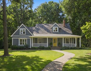Old English country house, a brick building with a prominent roof, graces a green estate under a blue summer sky.