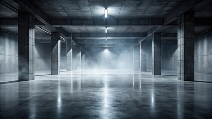 A dimly lit concrete floor with a misty atmosphere, creating an eerie and mysterious ambiance , architecture