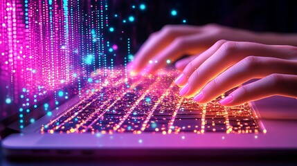 Hands typing on laptop, vibrant digital data streams flow