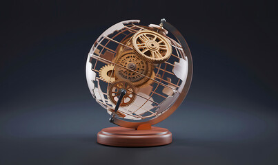 A transparent globe showcases a small rotating planet surrounded by intricate gears of various sizes against a dark background.