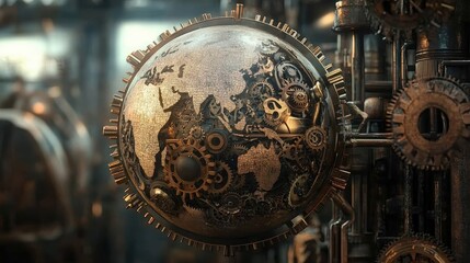 Fototapeta premium A Steampunk-inspired world trade scene, where gears and cogs form a mechanical globe, illustrating industrial-era global commerce reimagined with AI.