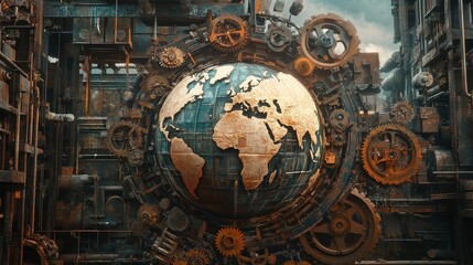 Fototapeta premium A Steampunk-inspired world trade scene, where gears and cogs form a mechanical globe, illustrating industrial-era global commerce reimagined with AI.