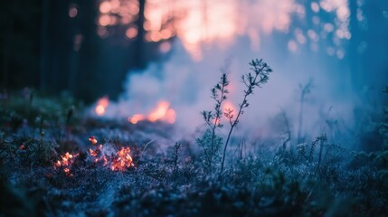 Wildfire consumes forest floor in a hazy and ominous setting