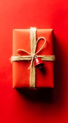 Red Gift Box with Jute Twine and Bell Christmas Present