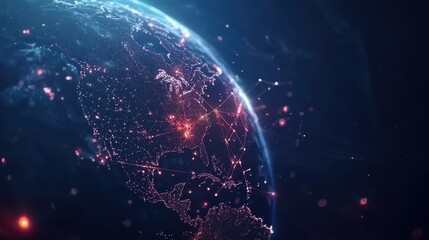 Obraz premium Abstract digital background featuring a glowing Earth with interconnected nodes, representing the internet, blockchain technology, and global data exchange, high-tech business and communication theme.