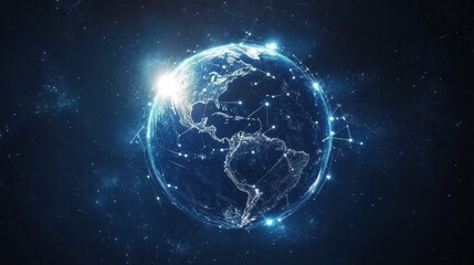 Obraz premium Abstract digital background featuring a glowing Earth with interconnected nodes, representing the internet, blockchain technology, and global data exchange, high-tech business and communication theme.