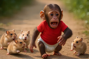 Baby Monkey in Red Shirt Surprised by Group of Curious Hamsters