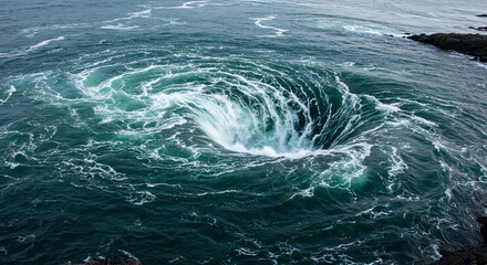 Ocean Whirlpool Forming Vortex with Swirling Water and Waves